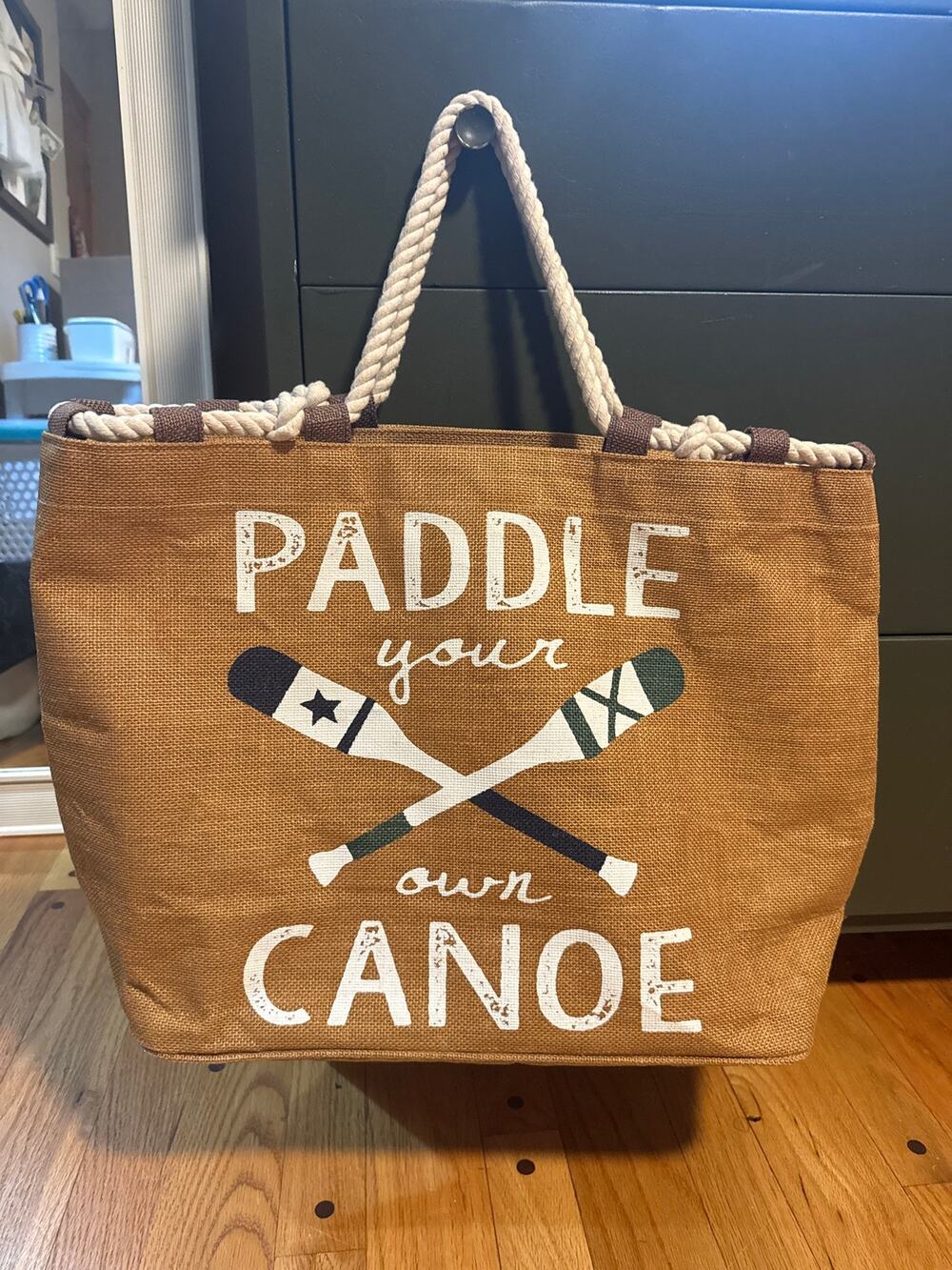 Mud Pie Paddle Your Own Canoe Jute Rope Handle Tote Beach Lake Bag
